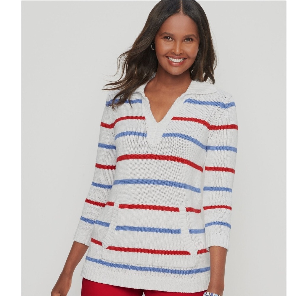 Talbots White Red Blue Striped Collared Pullover‎ Sweater Women's Size M